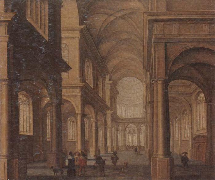 Jan Van Vucht The interior of a reformed church,with a beggar soliciting alms from an elegant company oil painting picture